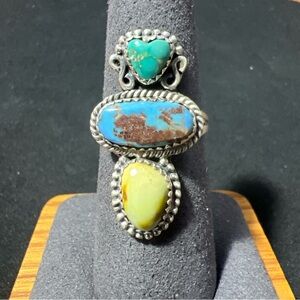 .925 Sterling Silver 3 Stone Emerald Valley Turquoise Palomino Ring Size 7.5